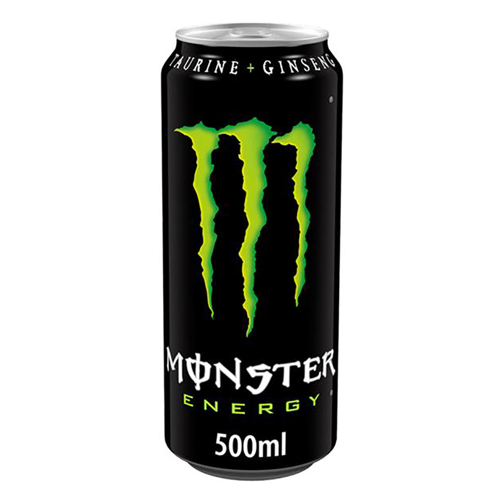 Monster Energy Drink can in 500ml size displaying distinctive logo and Taurine plus Ginseng label.