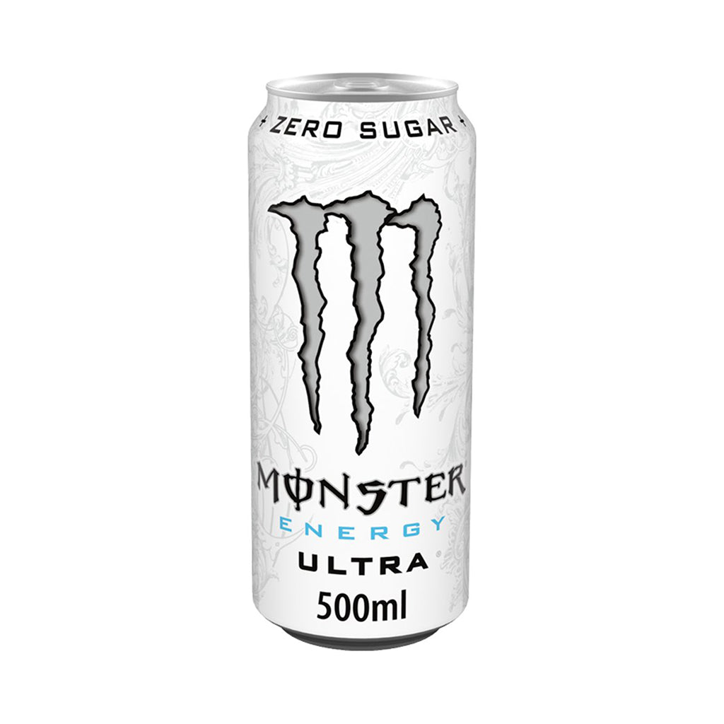 Monster Energy Drink Ultra 500ml can with zero sugar and iconic black logo on white background