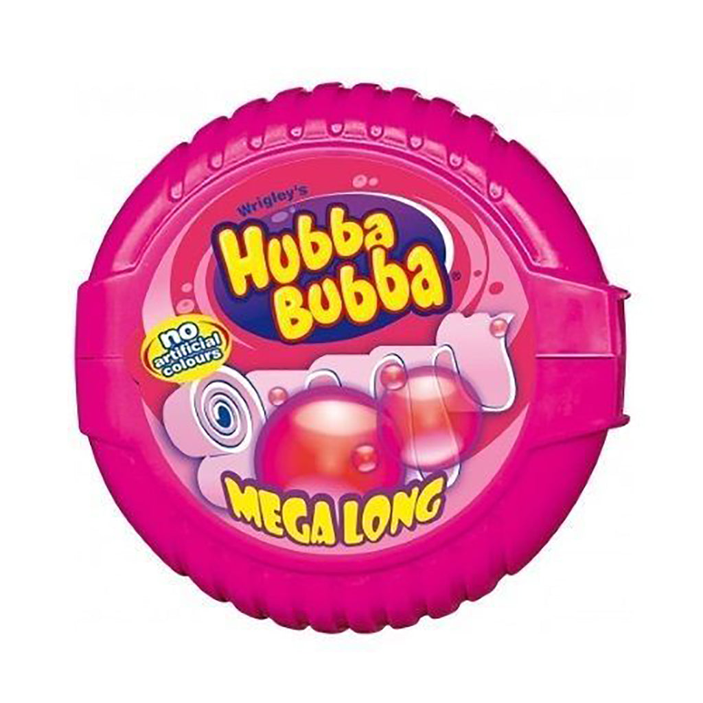 Wrigley's Hubba Bubba Fancy Fruit bubble gum in bright pink packaging highlighting Mega Long size and no artificial colors.