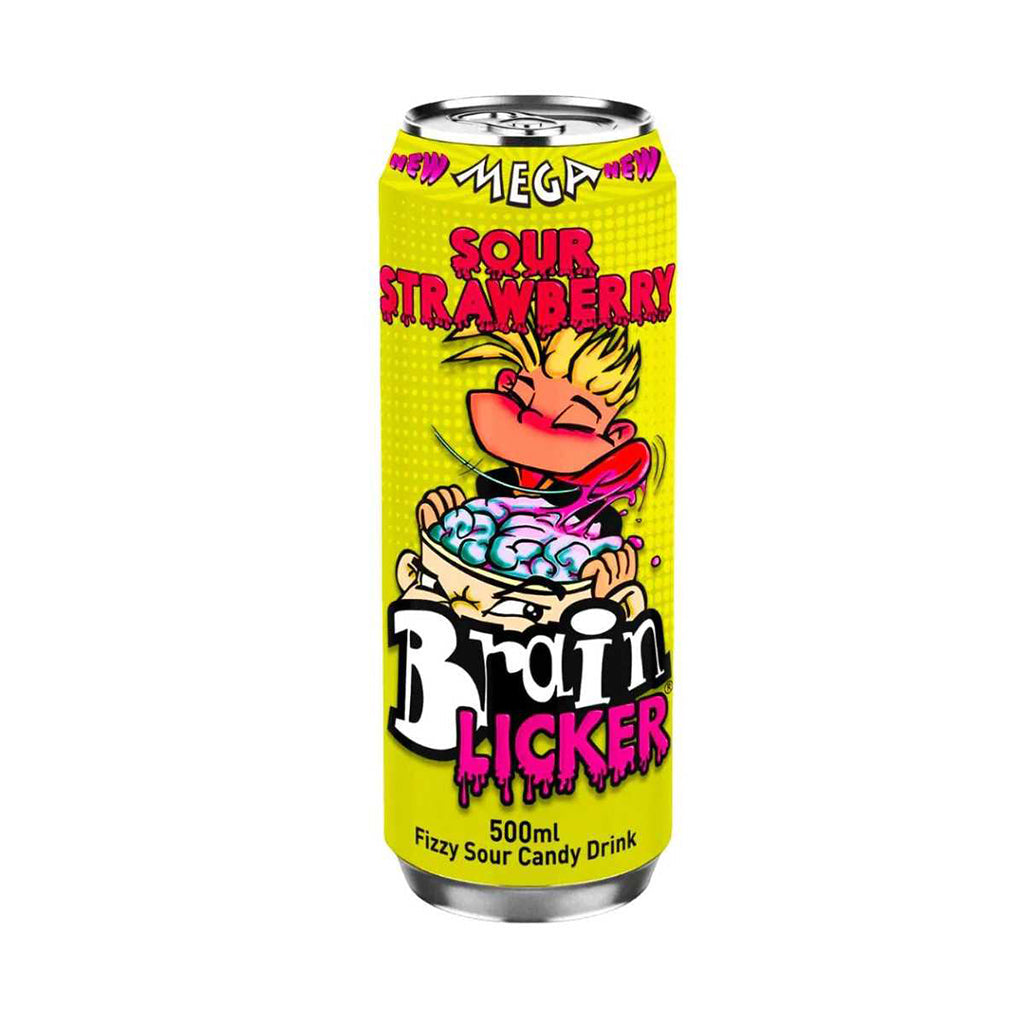 Brain Licker Sour Strawberry Drink 500ml can with vibrant yellow packaging and cartoon graphics.