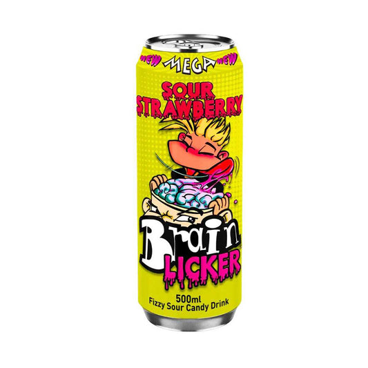 Brain Licker Sour Strawberry Drink 500ml can with vibrant yellow packaging and cartoon graphics.