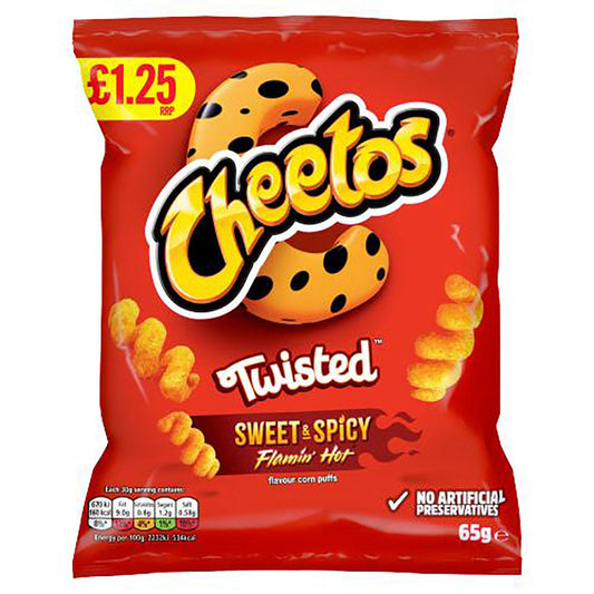 Pack of Cheetos Twisted Flamin Hot Snacks Crisps 65g with price tag, displaying the fiery flavor corn puffs and no artificial preservatives label.