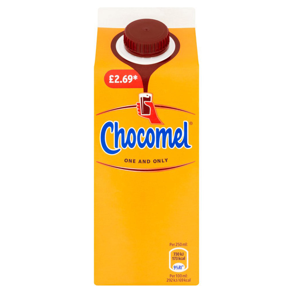 Chocomel 750ml carton front view with nutritional information and price tag displayed on a vibrant yellow background.