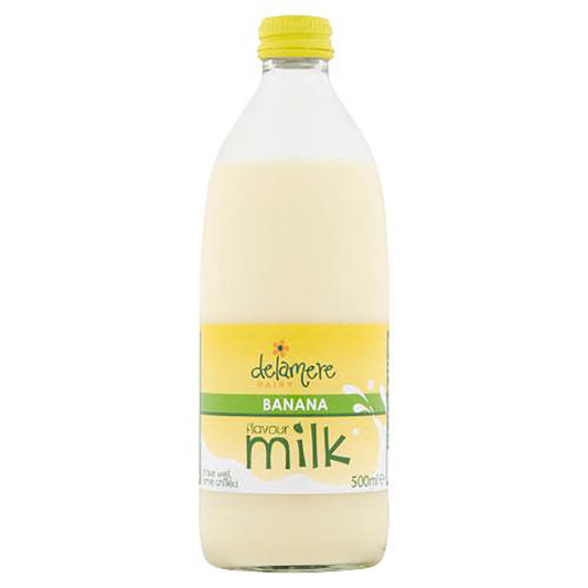 Delamere Dairy Banana Flavour Milk 500ml in a clear bottle with yellow cap and label displayed against a white background.