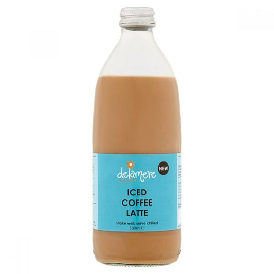 Bottle of Delamere Dairy Iced Coffee Flavour Milk 500ml on a white background, showcasing the product's branding and packaging design.