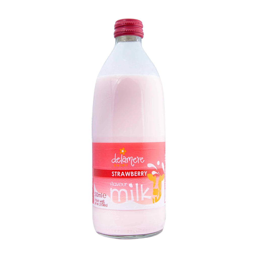 Delamere Dairy Strawberry Flavour Milk 500ml bottle with pink labeling on white background.