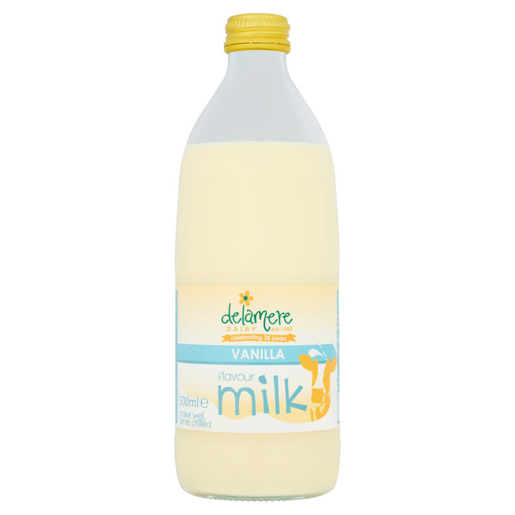 Delamere Dairy Vanilla Flavour Milk 500ml in a plastic bottle with a yellow cap and blue and orange label design.