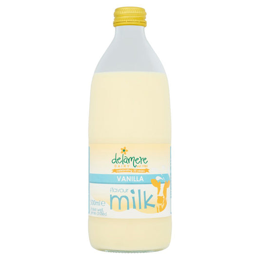 Delamere Dairy Vanilla Flavour Milk 500ml in a plastic bottle with a yellow cap and blue and orange label design.