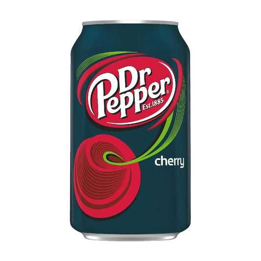 Dr Pepper Cherry 355ml can with logo and cherry flavor designation on dark background