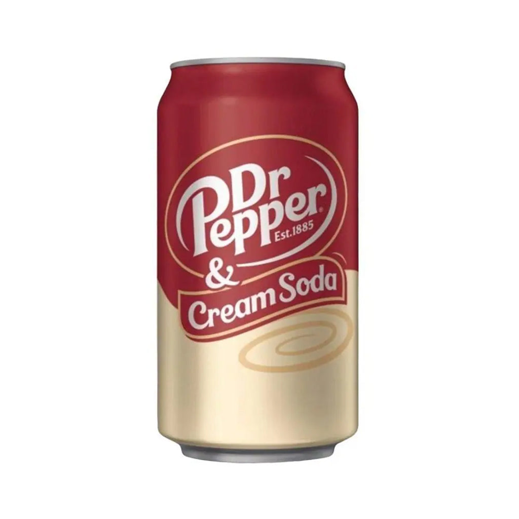 Dr Pepper Cream Soda 355ml can with logo on white background.