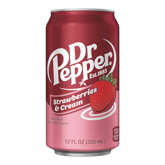 Can of Dr Pepper Strawberry and Cream Flavor 355ml with logo and strawberry graphic on a red background.