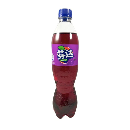 500ml Fanta Grape Flavour bottle with Chinese label on white background.