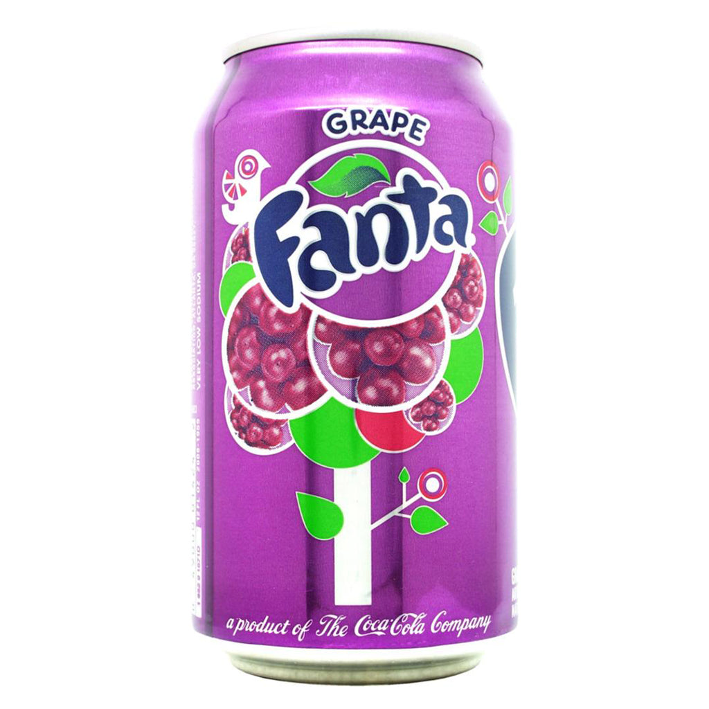 Fanta Grape Soda 355ml can with vibrant purple design and grape graphics, product of The Coca-Cola Company.