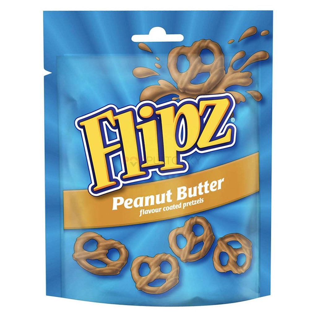 Pack of Flipz Peanut Butter flavor coated pretzels 90g with splashing peanut butter graphic on a vibrant blue background.