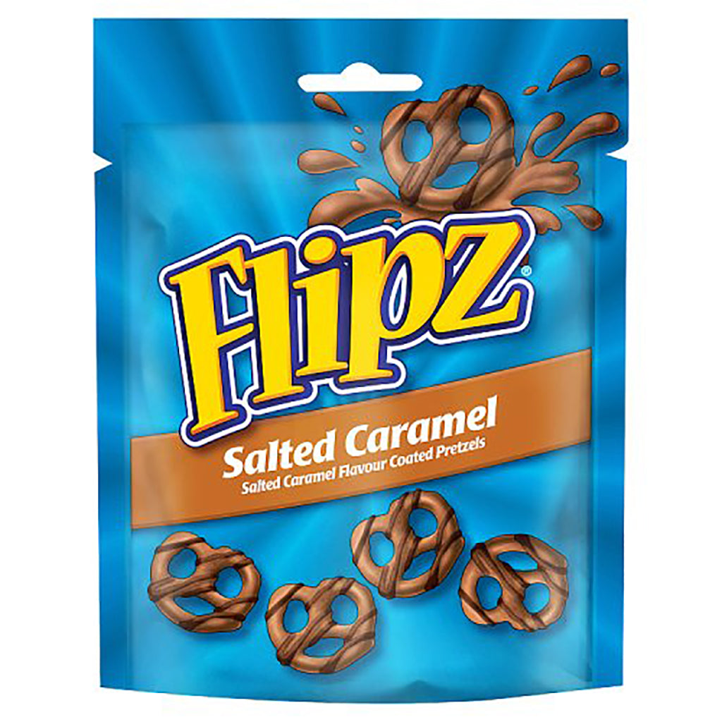 Flipz Pouches Salted Caramel Pretzels 90g package, showing salted caramel flavored coated pretzels with vibrant branding.