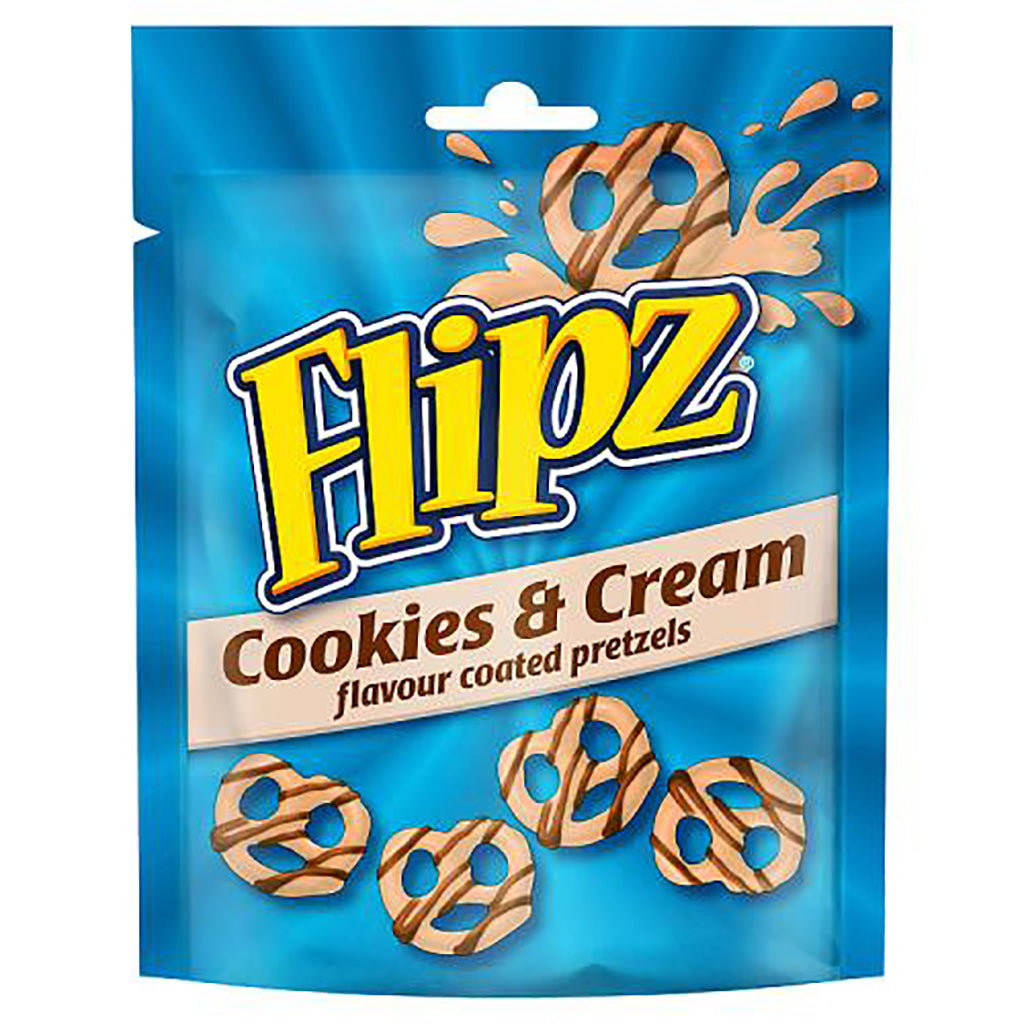 Flipz Pretzels Cookies & Cream Flavour Snacks 90g package with coated pretzel graphics on a blue background.