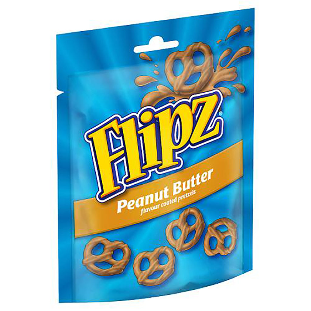 Flipz Pretzels Peanut Butter Flavour Snacks 90g package with visible coated pretzel pieces and splash design on blue background.