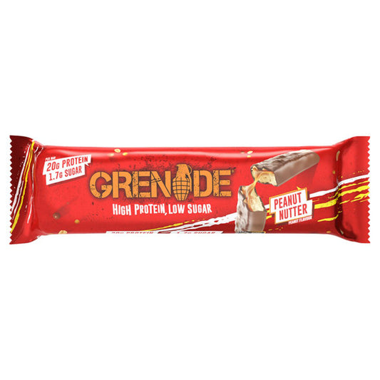 Grenade Peanut Nutter high-protein, low-sugar bar, peanut flavour, 60g package, with nutritional information visible.