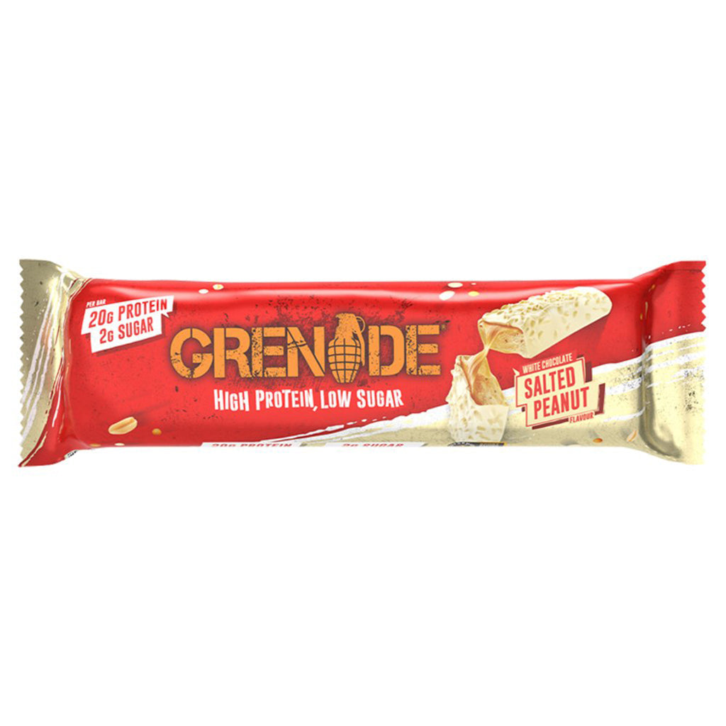 Grenade protein bar in White Chocolate Salted Peanut Flavour, 60g packet showcasing 20g protein and low sugar content.