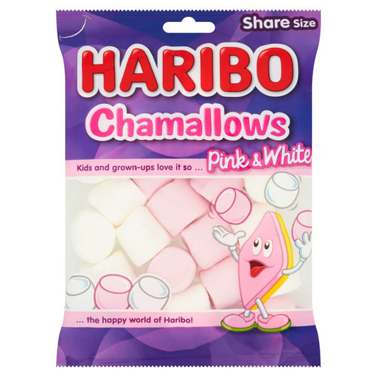 Haribo Chamallows Pink & White marshmallows 140g in Share Size packaging showing a playful animated character and fluffy marshmallows.