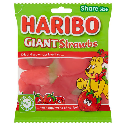 Haribo Giant Strawbs Bag 160g, share size pack with red strawberry-shaped gummies visible and green Haribo branding, suitable for vegetarians.