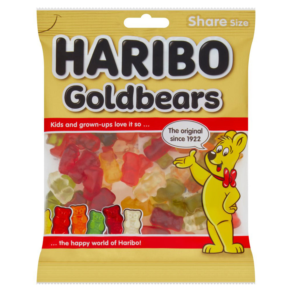 Package of Haribo Goldbears 160g gummy candies showcasing assorted colors and bear shapes, branded as 'The original since 1922', in share size pouch with the Haribo bear mascot.