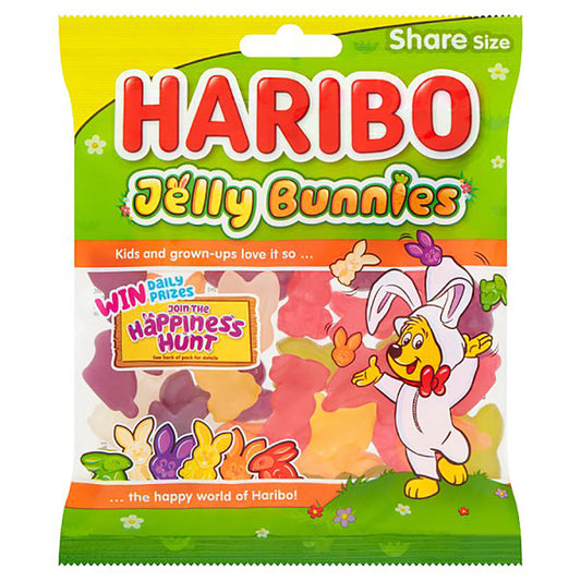 Pack of Haribo Jelly Bunnies 140g in a bright and colorful share size package, featuring a cartoon bunny and assorted fruit-flavored gummy candies visible through a clear window.