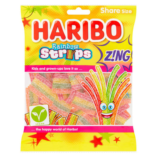 Packaging of Haribo Rainbow Strips Zing 130g showing multicolored sour candy strips with 'Vegan' label and 'Share size' indication.