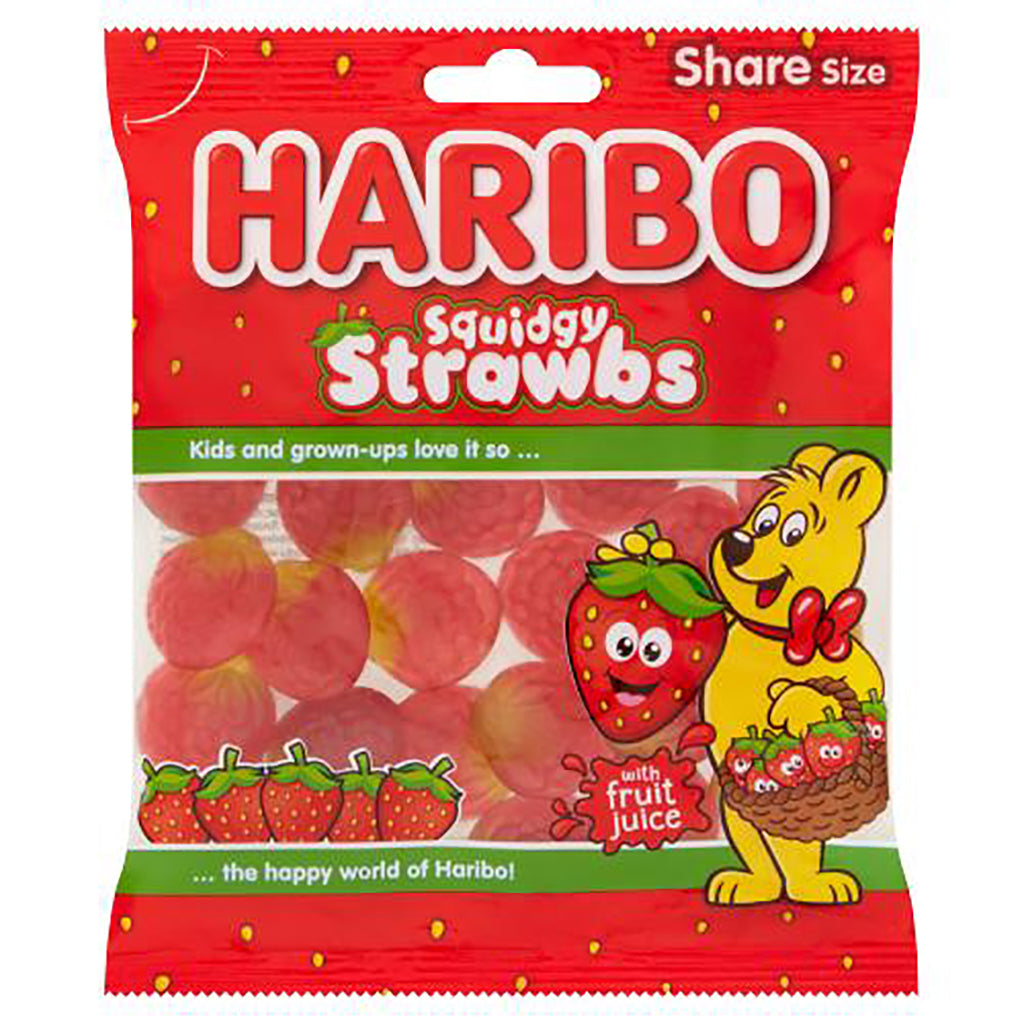 160g Haribo Squidgy Strawbs Bag, share size, with the brand's cartoon bear and strawberry characters, emphasizing real fruit juice inclusion.