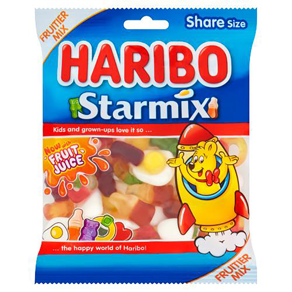 Haribo Starmix bag 160g showing assorted gummy candies and cartoon bear, with prominent fruit juice claim and share size packaging.