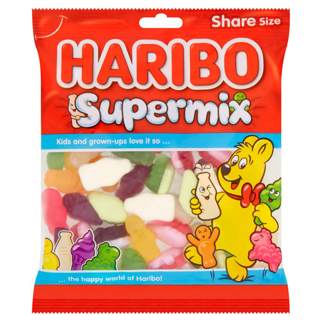 Haribo Supermix Bag 160g featuring assorted soft jelly sweets in a brightly colored red package with playful cartoon bear and Share Size label.