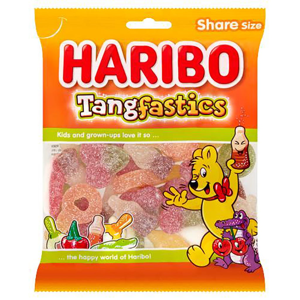 Haribo Tangfastics share size 160g bag with assorted sour gummy candies visible through packaging.