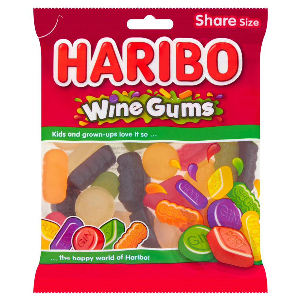 Haribo Wine Gums 160g share size bag, colorful chewy candy assortment with various flavors featured on the packaging.