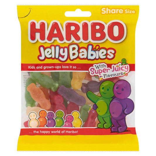 Packaging of Haribo Jelly Babies 160g in a colorful share size bag with visible assorted jelly baby candies inside.