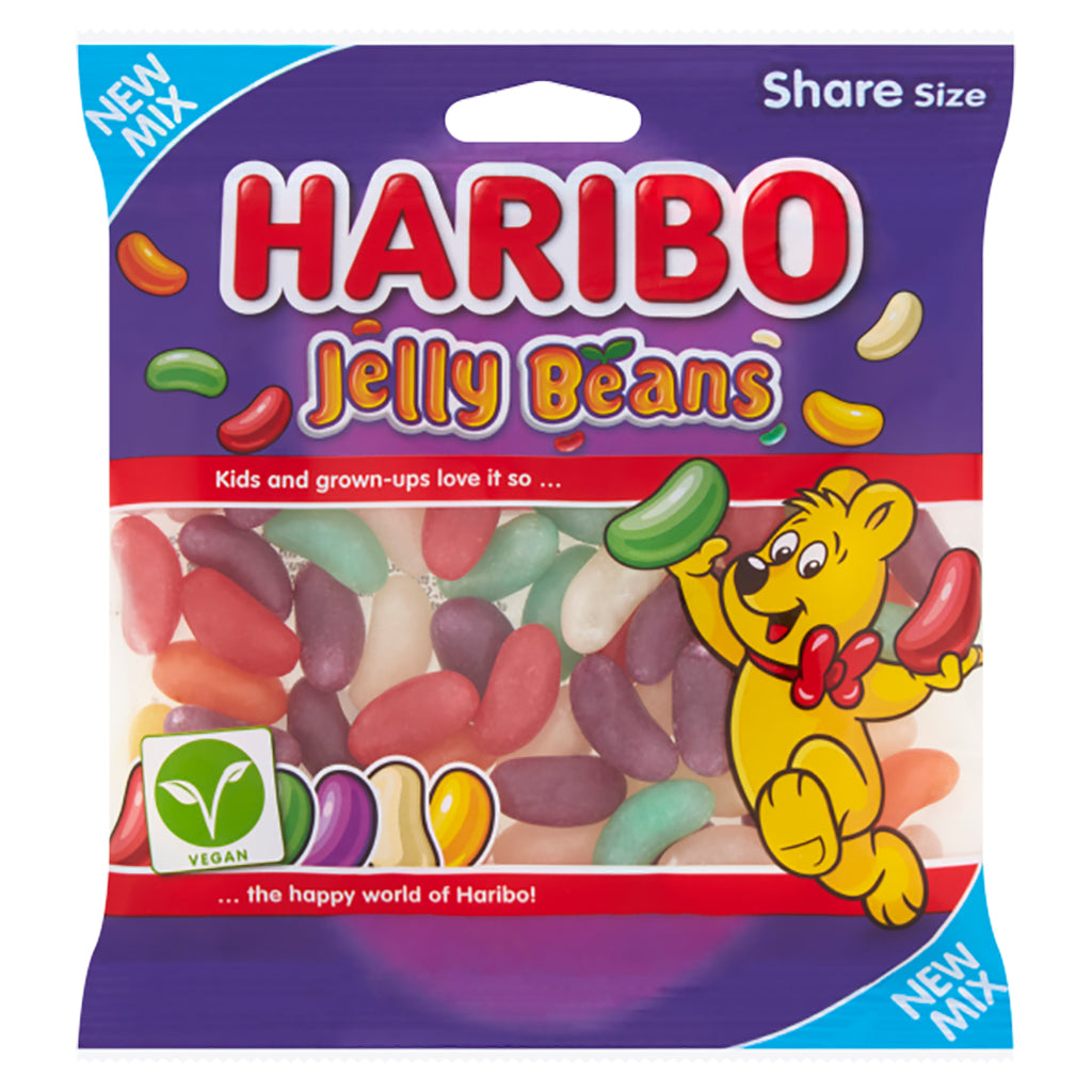 Haribo Jelly Beans 140g pack, new mix, share size with assorted flavors, featuring the iconic Haribo bear and vegan-friendly label.