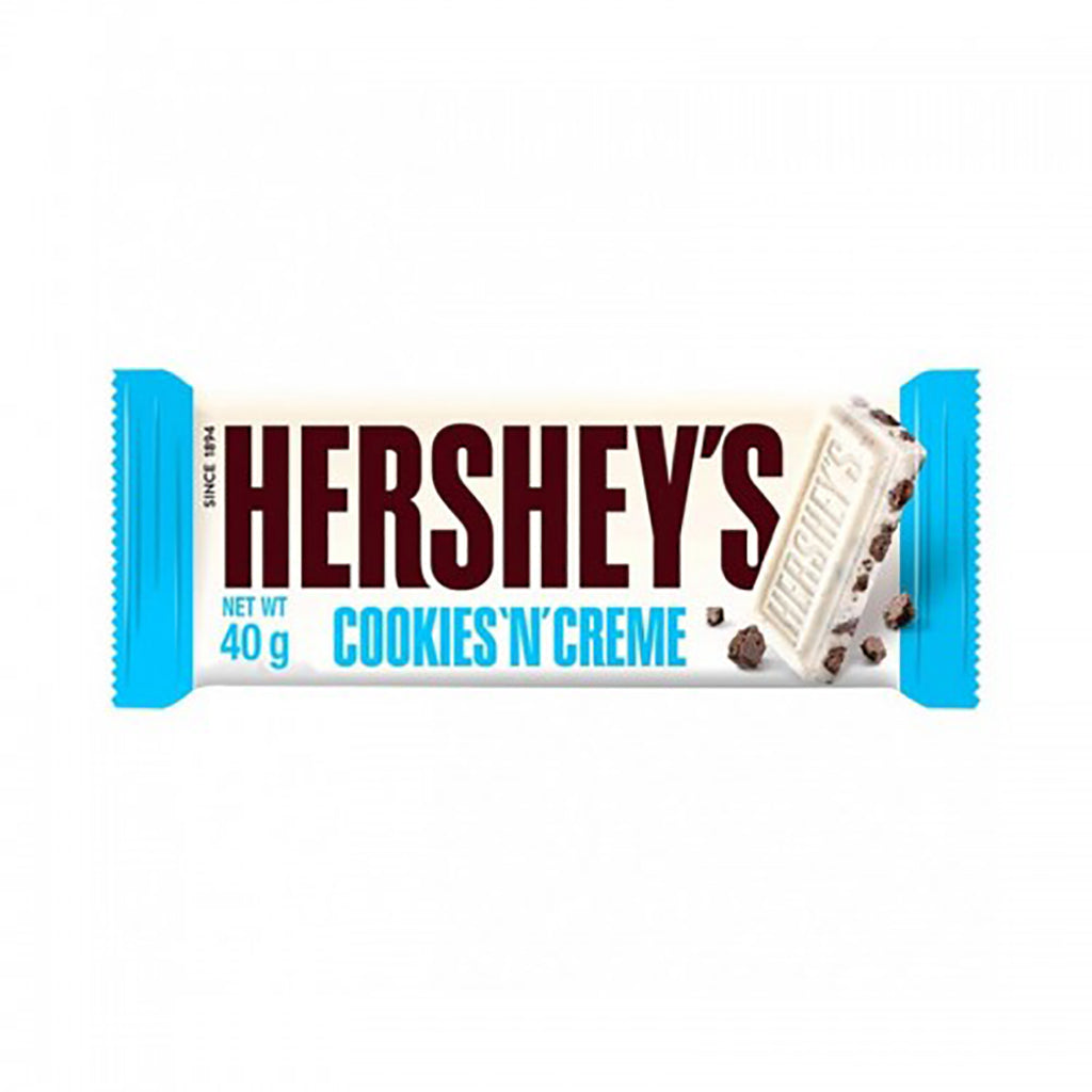 Hershey's Cookies 'N' Creme 40g bar with packaging and open wrapper showing white chocolate with cookie pieces.