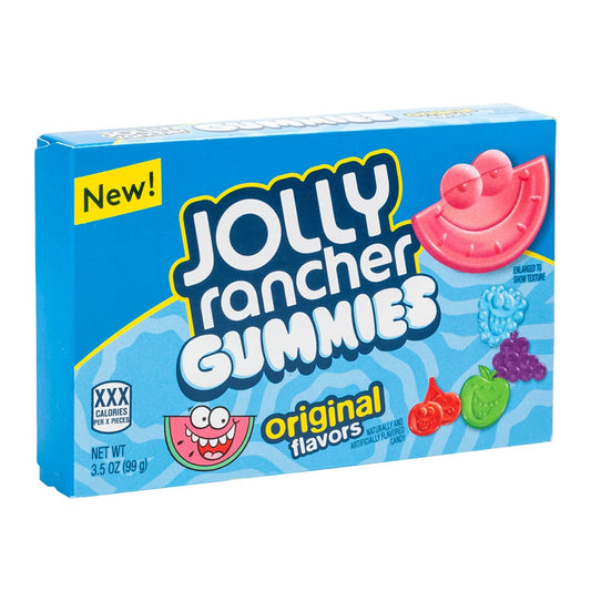 New Jolly Rancher Gummies Original Flavors Theater Box, 3.5 oz package showcasing assorted fruit-flavored gummy candies.