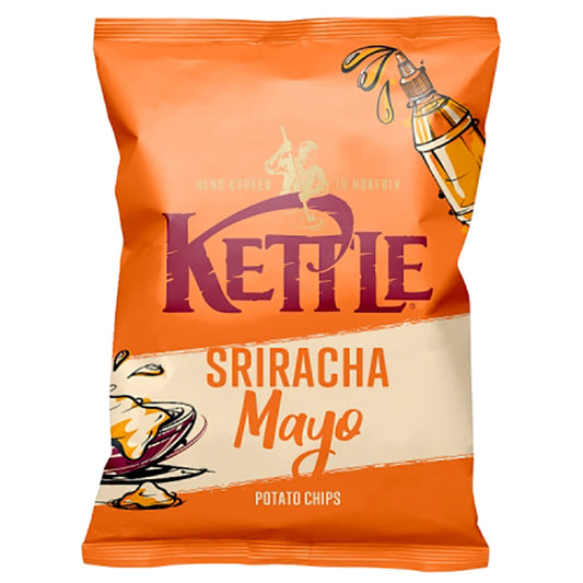 Bag of Kettle Chips Sriracha Mayo flavor, 80g size, showcasing the vibrant orange packaging with bold branding and spicy mayo illustration.