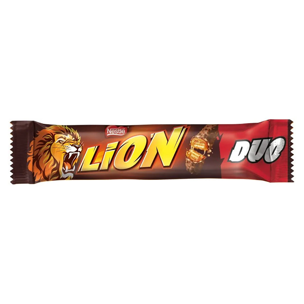 Nestle Lion Milk Chocolate Duo Bar 60g with logo and roaring lion illustration on wrapper.