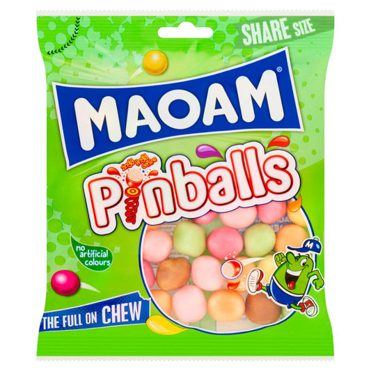 Packaging of Maoam Pinballs 140g showing colorful, assorted chewy candies and branding with the claim 'no artificial colours' and 'the full on chew'.