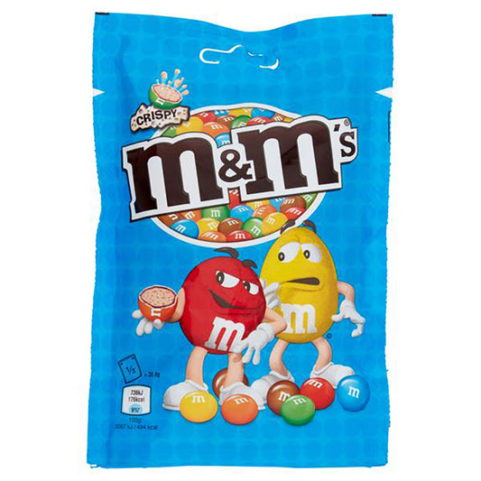 M&M's Crispy 107g pack with colorful mascot characters on a blue background.