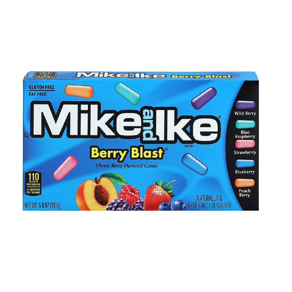 Mike and Ike Berry Blast candy box, 141g, showcasing assorted berry flavors including Wild Berry, Blue Raspberry, Strawberry, Blueberry and Peach Berry, gluten and fat-free.