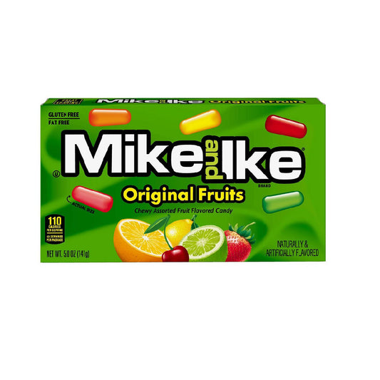 Box of Mike and Ike Original Fruits Chewy Assorted Candy, 5oz with gluten-free label, displaying red, yellow, and green candies and fruit flavors like lime, strawberry, and orange.