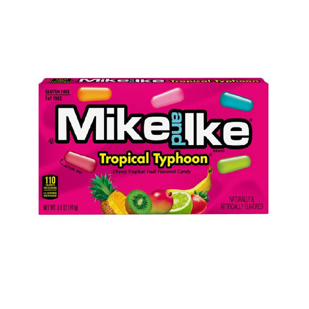 Box of Mike and Ike Tropical Typhoon 5oz with chewy tropical fruit flavored candies displayed alongside images of pineapple, banana, and kiwi, highlighting gluten-free and fat-free attributes.