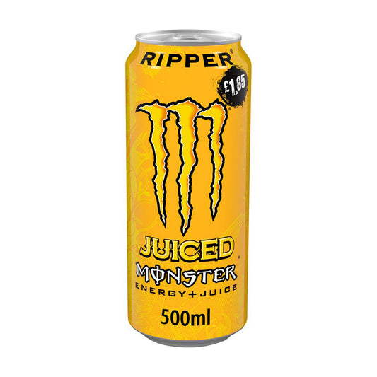 Monster Energy Drink Ripper 500ml can with distinctive black claw logo on vibrant yellow background, price label, and Energy+Juice text visible.