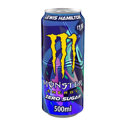 Monster Energy Lewis Hamilton Zero Sugar 500ml can with vibrant graphics and logo on white background.