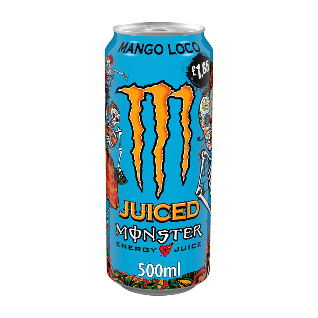 Monster Energy Mango Loco 500ml can with vibrant blue background and bold Monster logo, featuring exotic graphics and energy juice text.