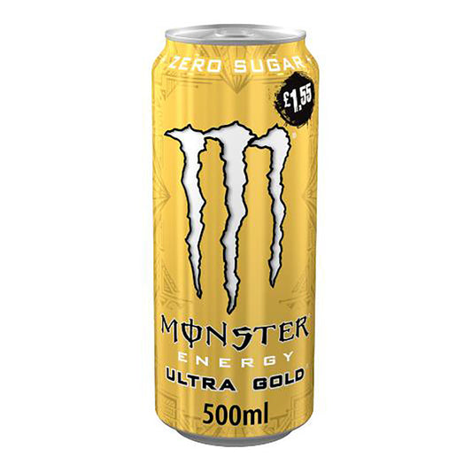 Monster Energy Ultra Golden Pineapple 500ml can with zero sugar and iconic logo on gold background.