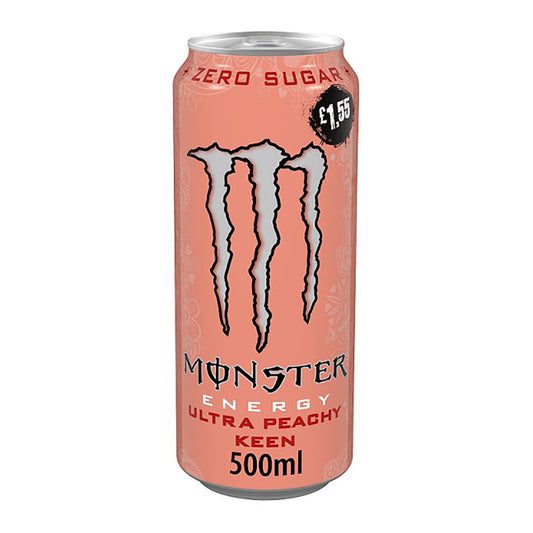 500ml Monster Energy Ultra Peachy Keen can with zero sugar and distinctive black logo on peach-colored background.