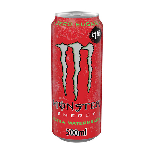 Monster Energy Ultra Watermelon 500ml can with zero sugar and price tag displayed